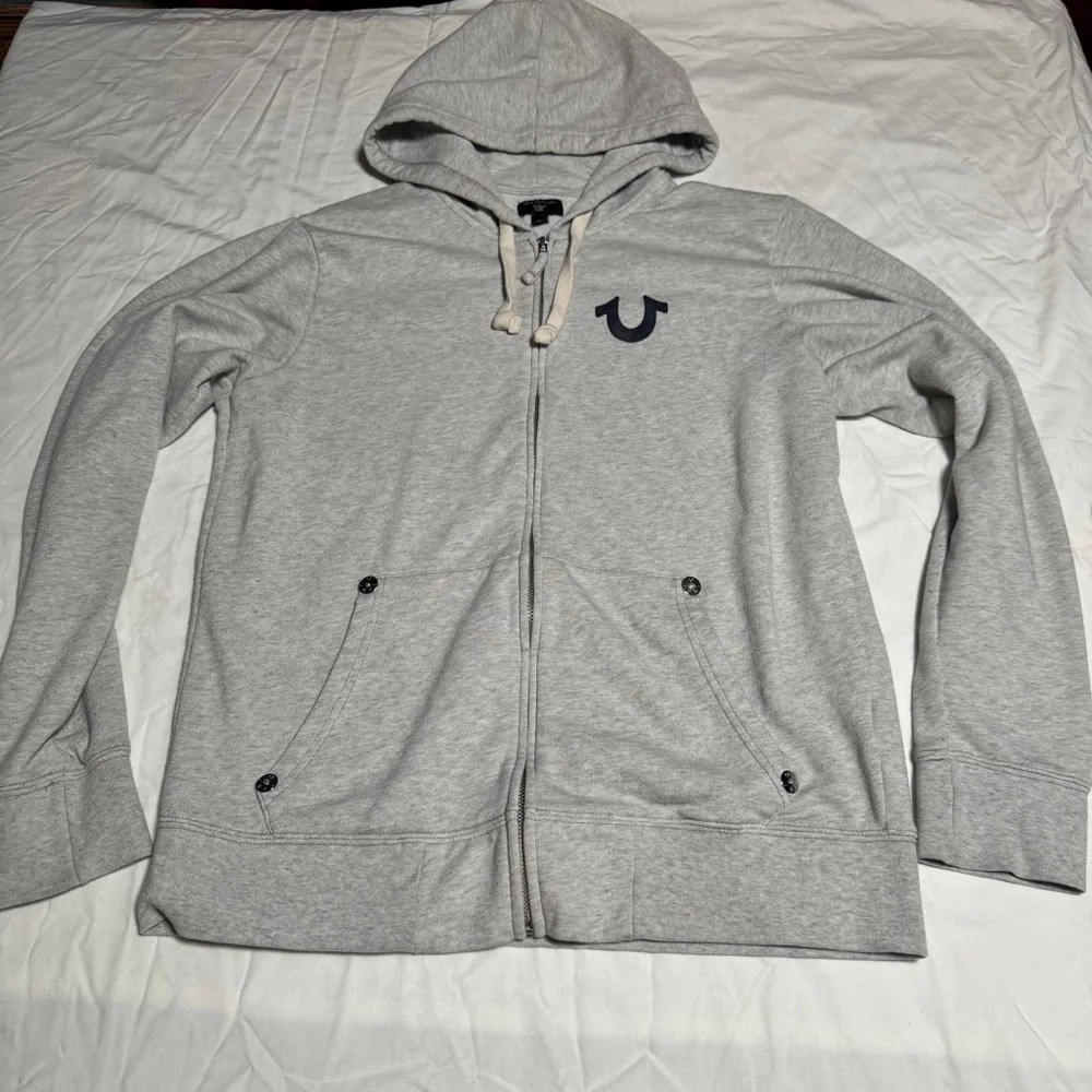 Men's True Religion Gray Full-Zip Hoodie L with Navy Blue Logo #86